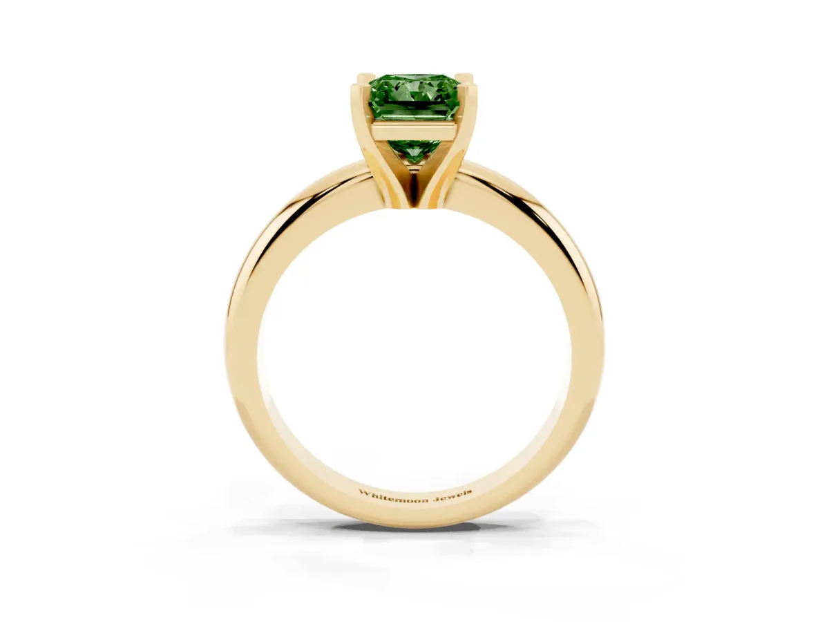 Fancy Green Radiant Cut Diamond Solitaire Engagement Ring with Round Band and Four-Prong Setting Yellow gold