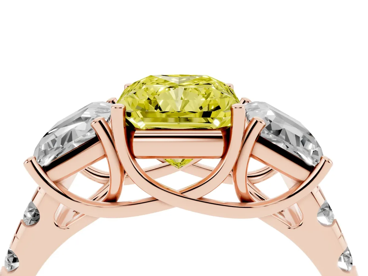 Fancy Yellow Three-Stone Radiant Cut Diamond Pavé Band with Prong Setting Rose gold