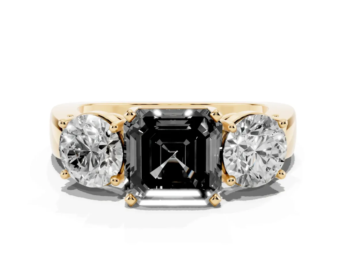 Fancy Black Three-Stone Asscher Cut Diamond Ring with Round Side Stones, Classic Band, and Four-Prong Setting Yellow gold