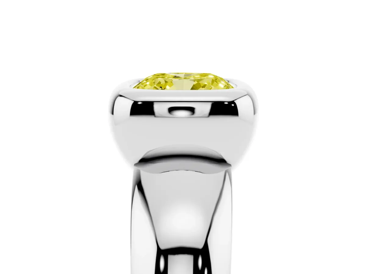 Fancy Yellow Bezel Set Cushion Cut Solitaire Ring with Wide Band Platinum