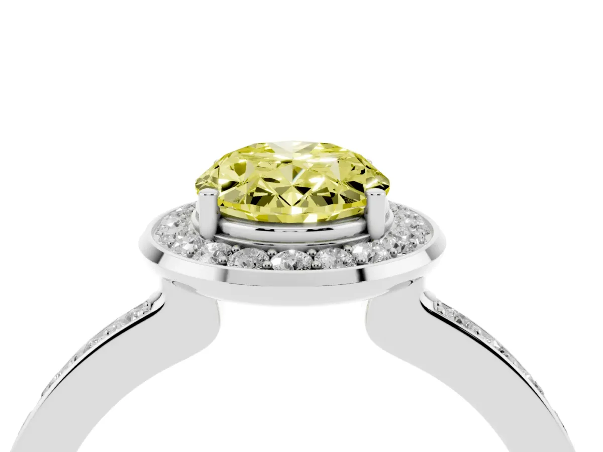 Fancy Yellow Oval Cut Diamond Halo Ring with Bezel Frame and Pavé Band Silver