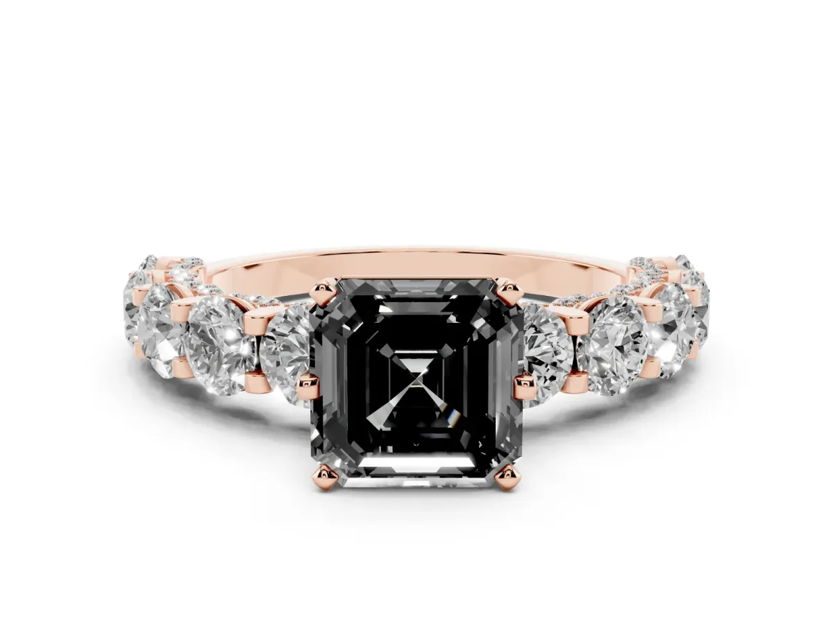 Fancy Black Asscher Cut Diamond Side Stone Engagement Ring with Four-Prong Setting Rose gold