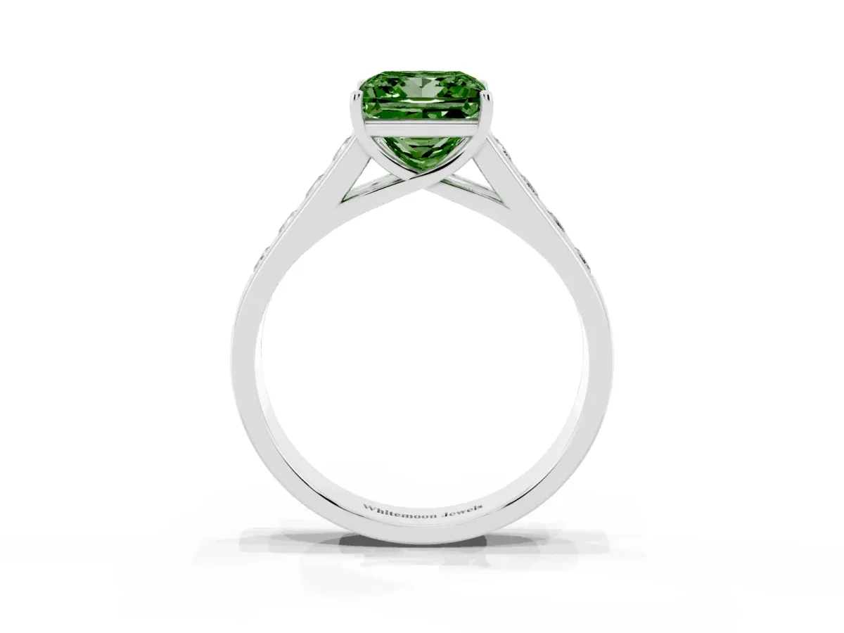 Fancy Green Princess Cut Brilliant Channel-Set Solitaire Ring with Four-Prong Setting Platinum