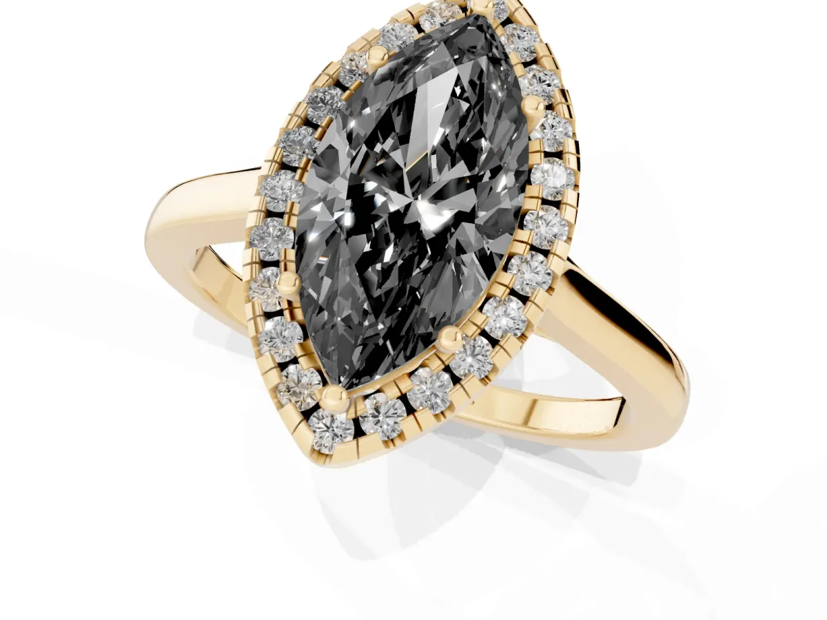 Fancy Black Marquise Cut Halo Round Diamond Solitaire Ring with Pavé Band and Four-Prong Setting Yellow gold