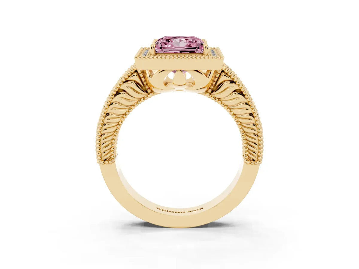 Fancy Pink Princess Cut Cut Halo Diamond Ring with Pavé Band and Four-Prong Setting Yellow gold