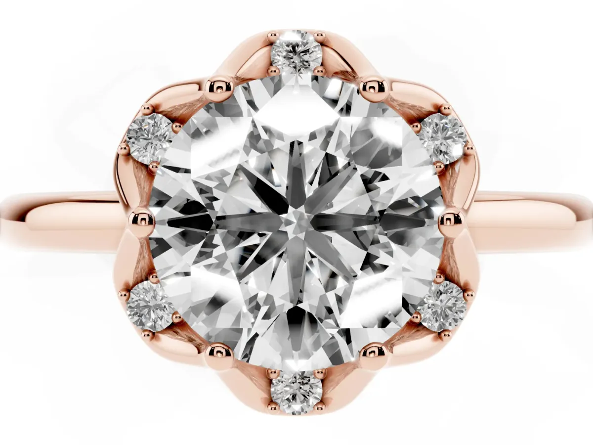 Round Cut Halo Diamond Ring with Round Cluster Setting, Solitaire Band, and Four-Prong Setting Rose gold