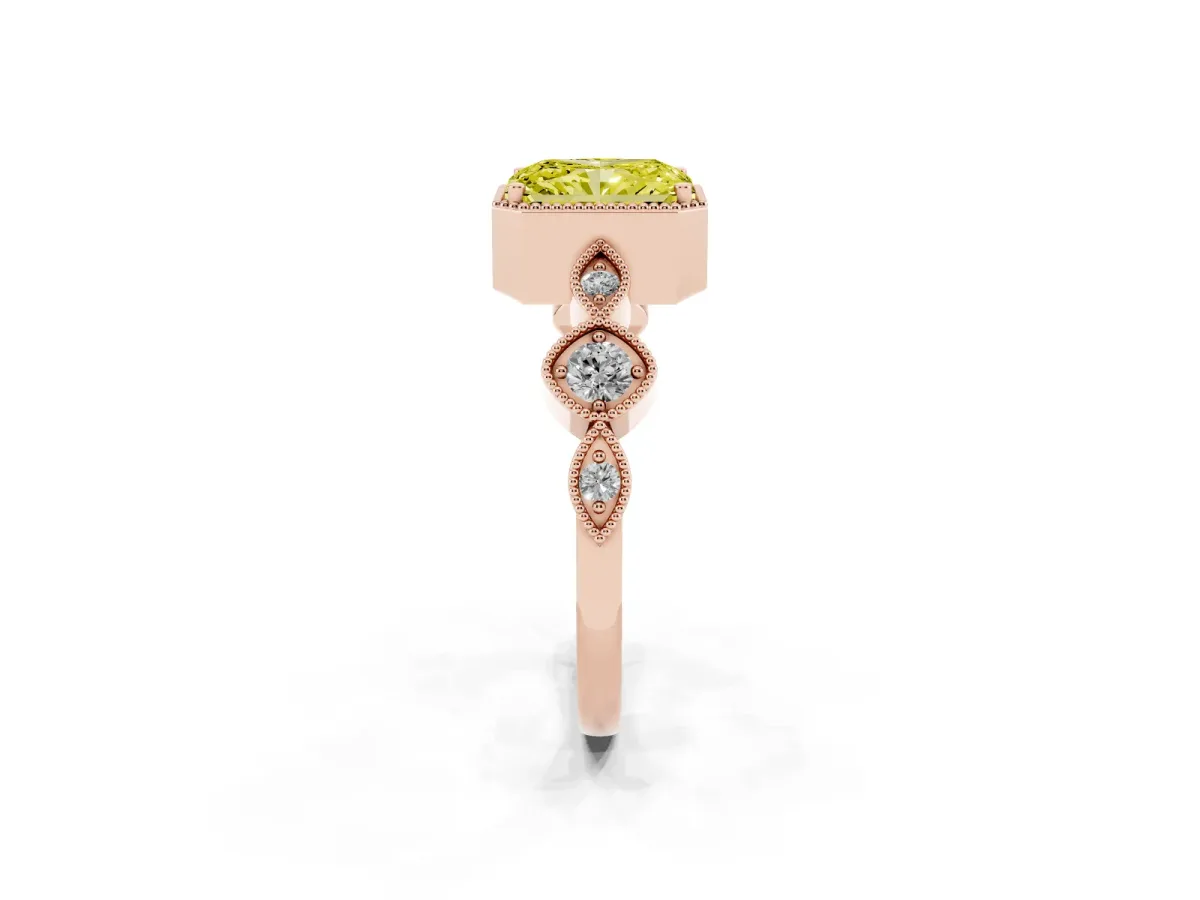 Fancy Yellow Radiant Cut Diamond Vintage Milgrain Ring with Round Stations Rose gold