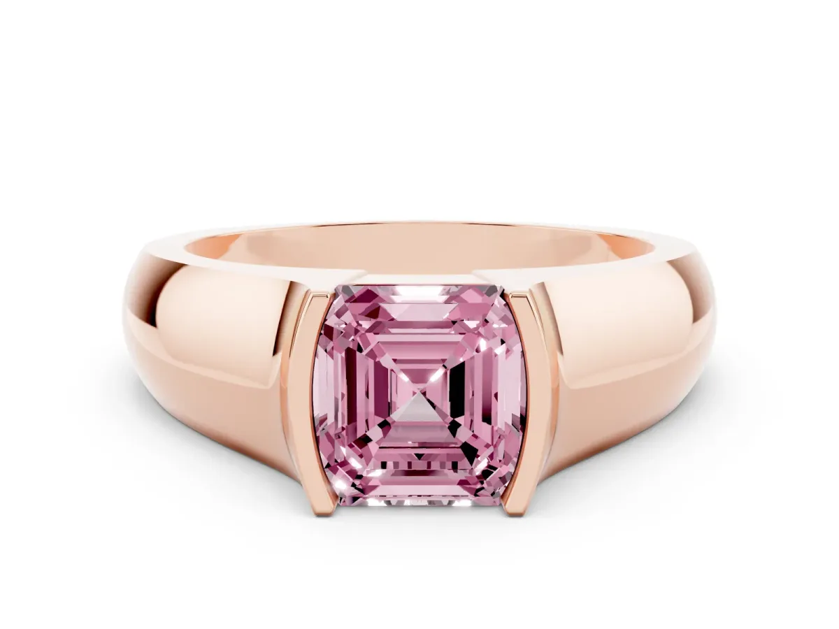 Fancy Pink Asscher Cut Solitaire Bezel Set Diamond Ring with Wide Band Rose gold