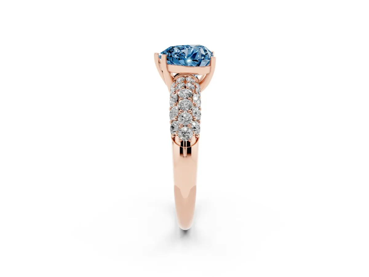 Fancy Blue Heart Cut Diamond Pavé Band Solitaire Ring with Four-Prong Setting Rose gold
