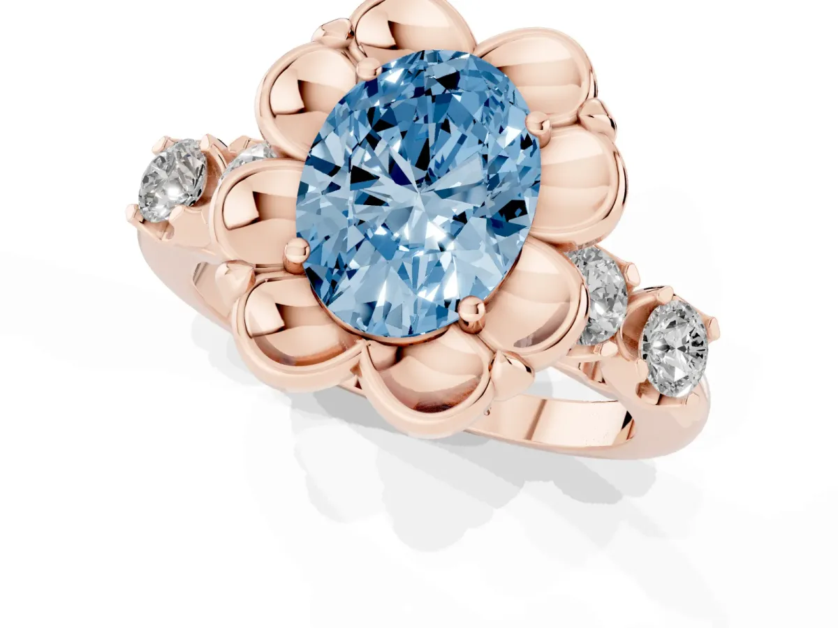 Fancy Blue Oval Cut Cut Diamond Floral Halo Engagement Ring with Shared Prong Setting Rose gold