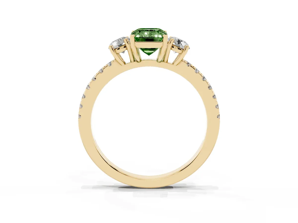 Fancy Green Three-Stone Emerald Cut Cut Diamond Pavé Band with Prong Setting Yellow gold