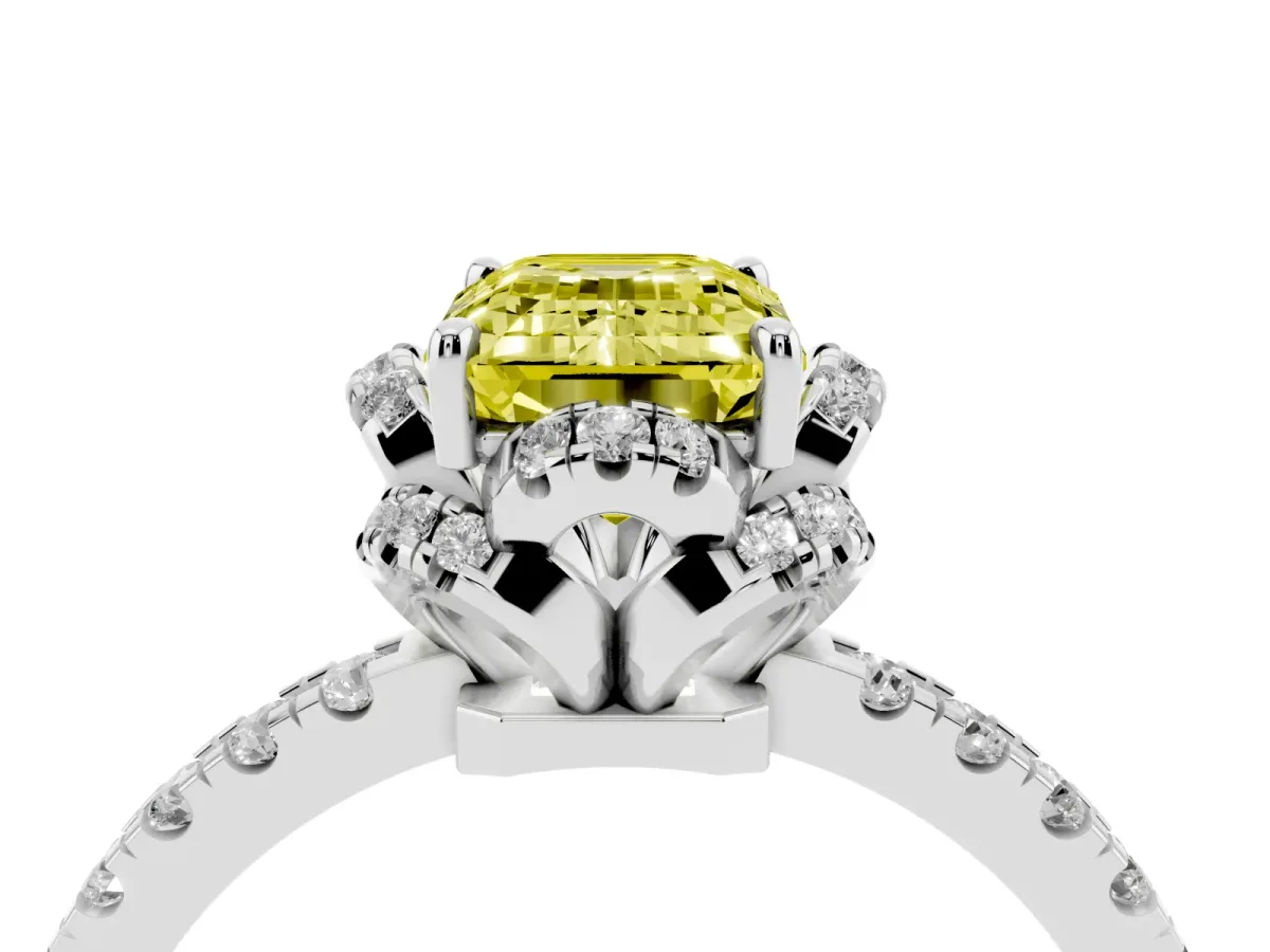 Fancy Yellow Emerald Cut Diamond Halo Pave Band with Four-Prong Setting Silver
