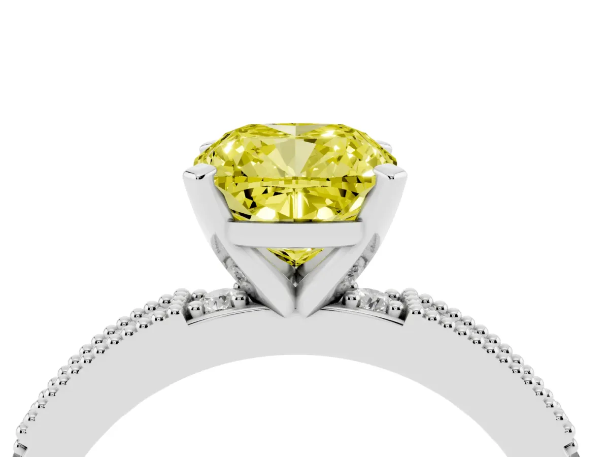 Fancy Yellow Cushion Cut Solitaire with Pavé Band and Four-Prong Setting Silver