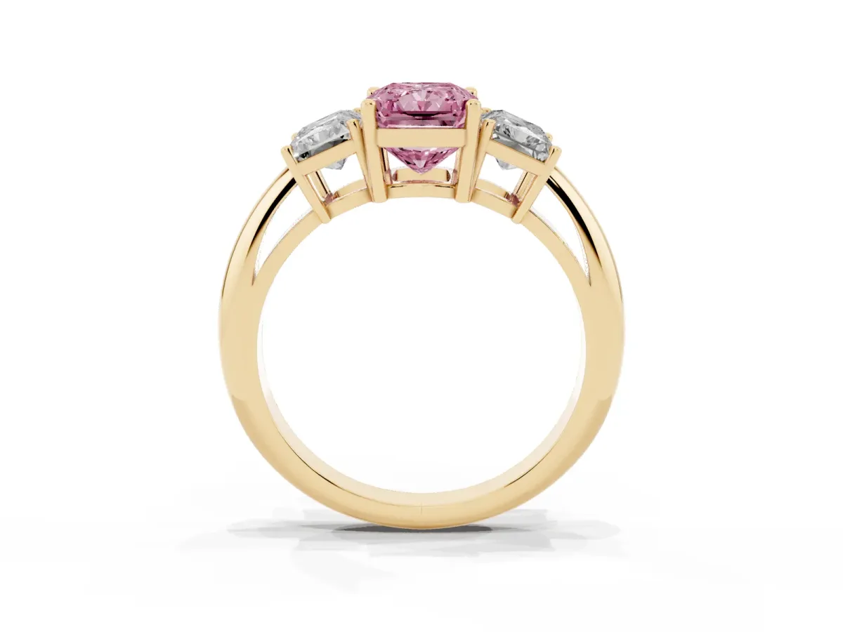 Fancy Pink Three-Stone Radiant Cut Cut Diamond Engagement Ring with Prong Setting on a White Gold Band Yellow gold