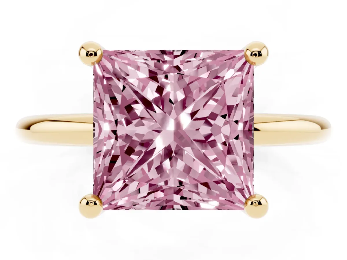 Fancy Pink Princess Cut Solitaire Diamond Ring with 4-Prong Setting on a Classic Band Yellow gold