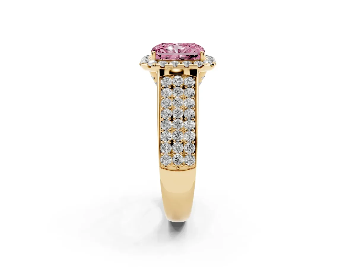 Fancy Pink Radiant Cut Halo Round Diamond Pave Band with Prong Setting Yellow gold
