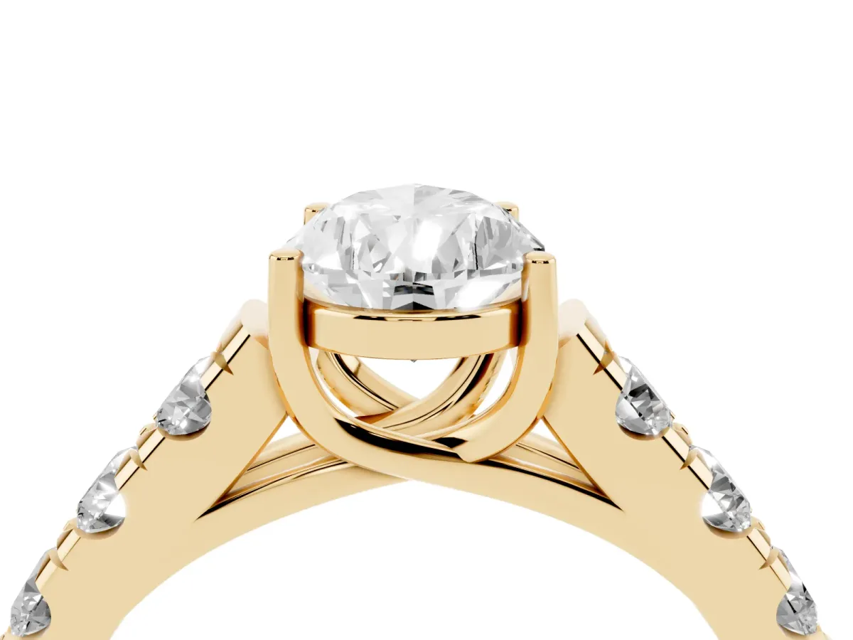 Pear Cut Cut Diamond Solitaire Ring with Micro Pave Band and Prong Setting Yellow gold