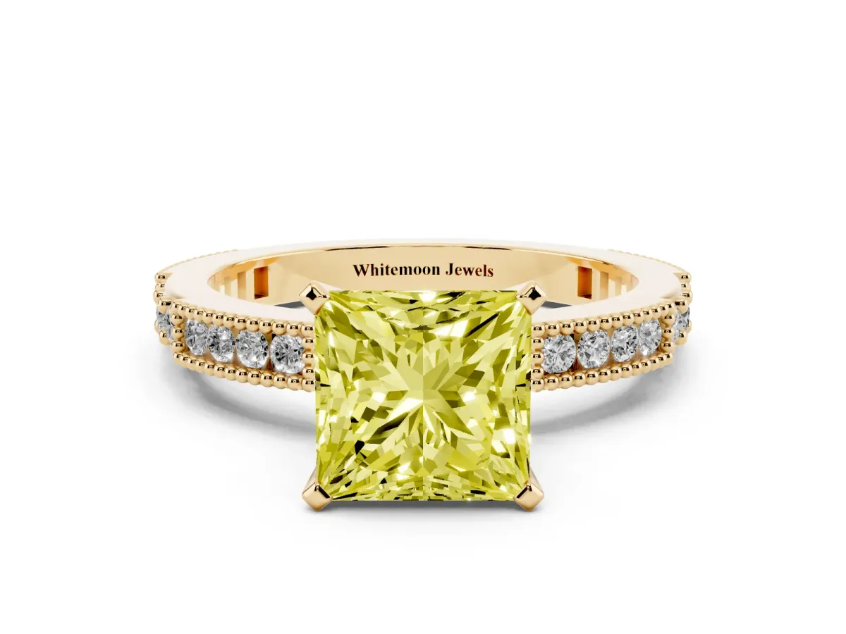 Fancy Yellow Princess Cut Solitaire with Pavé Band and Four-Prong Setting Yellow gold