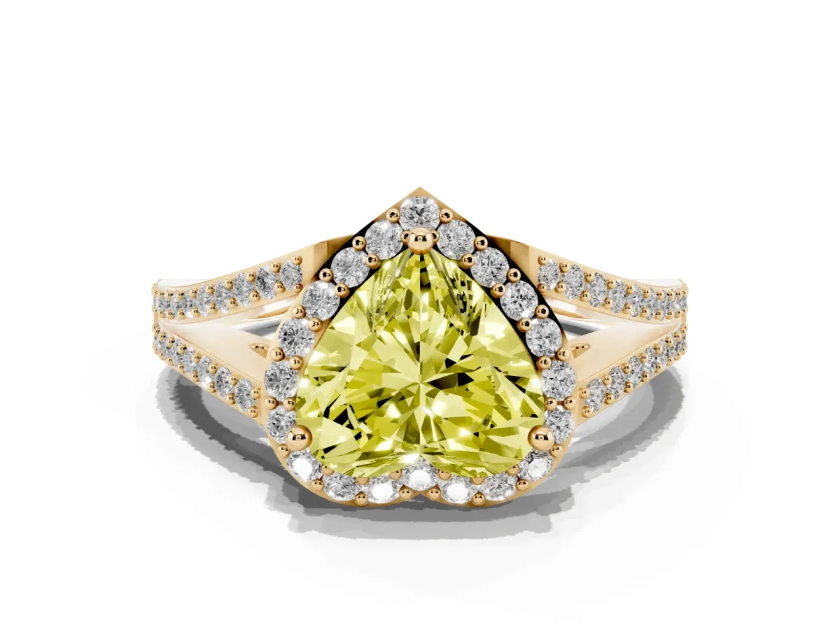 Fancy Yellow Heart Cut Halo Split Shank Pave Diamond Ring with Four-Prong Setting Yellow gold