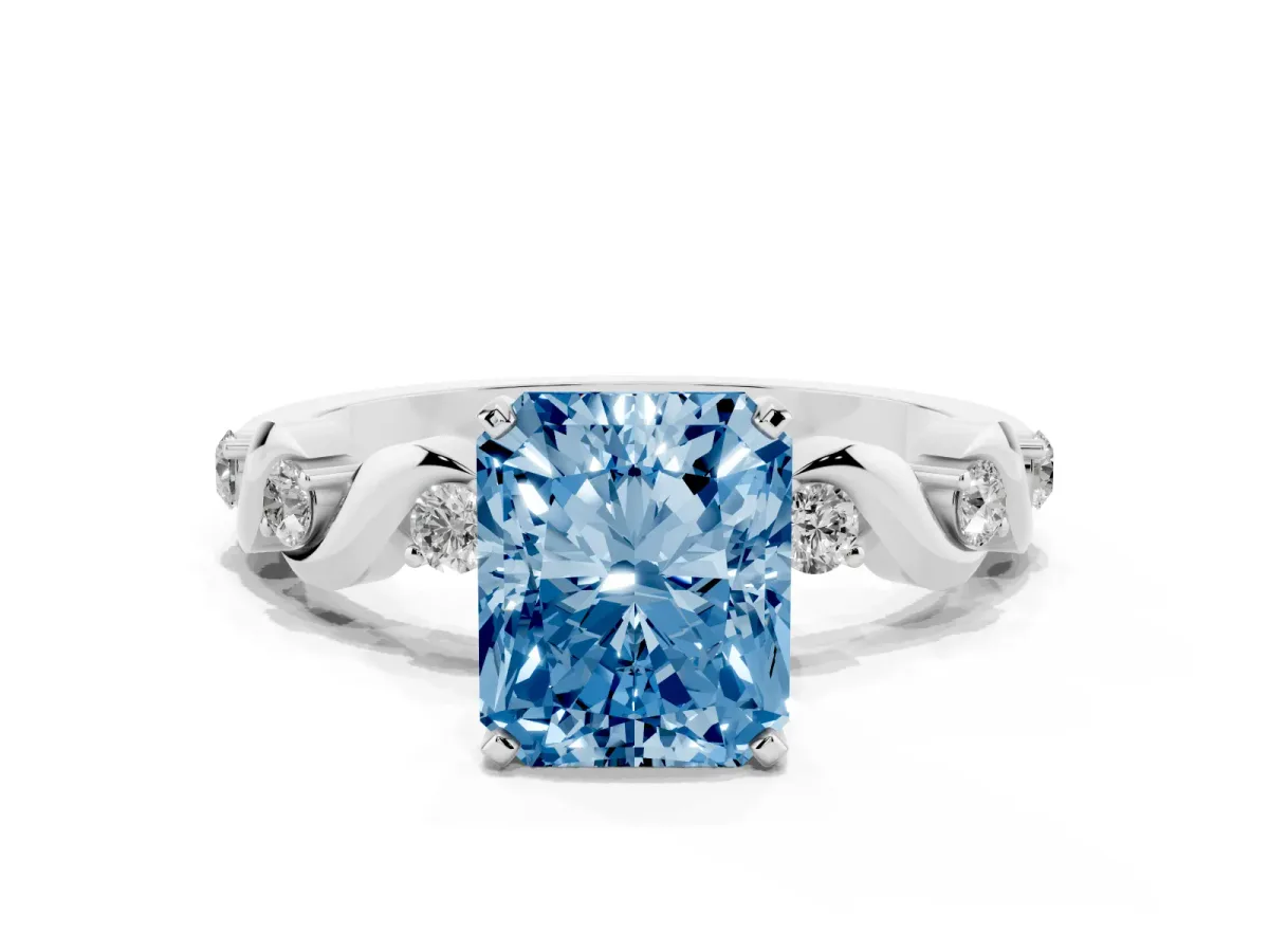 Fancy Blue Radiant Cut Diamond Solitaire Twisted Band with Round Accents and Prong Setting Silver