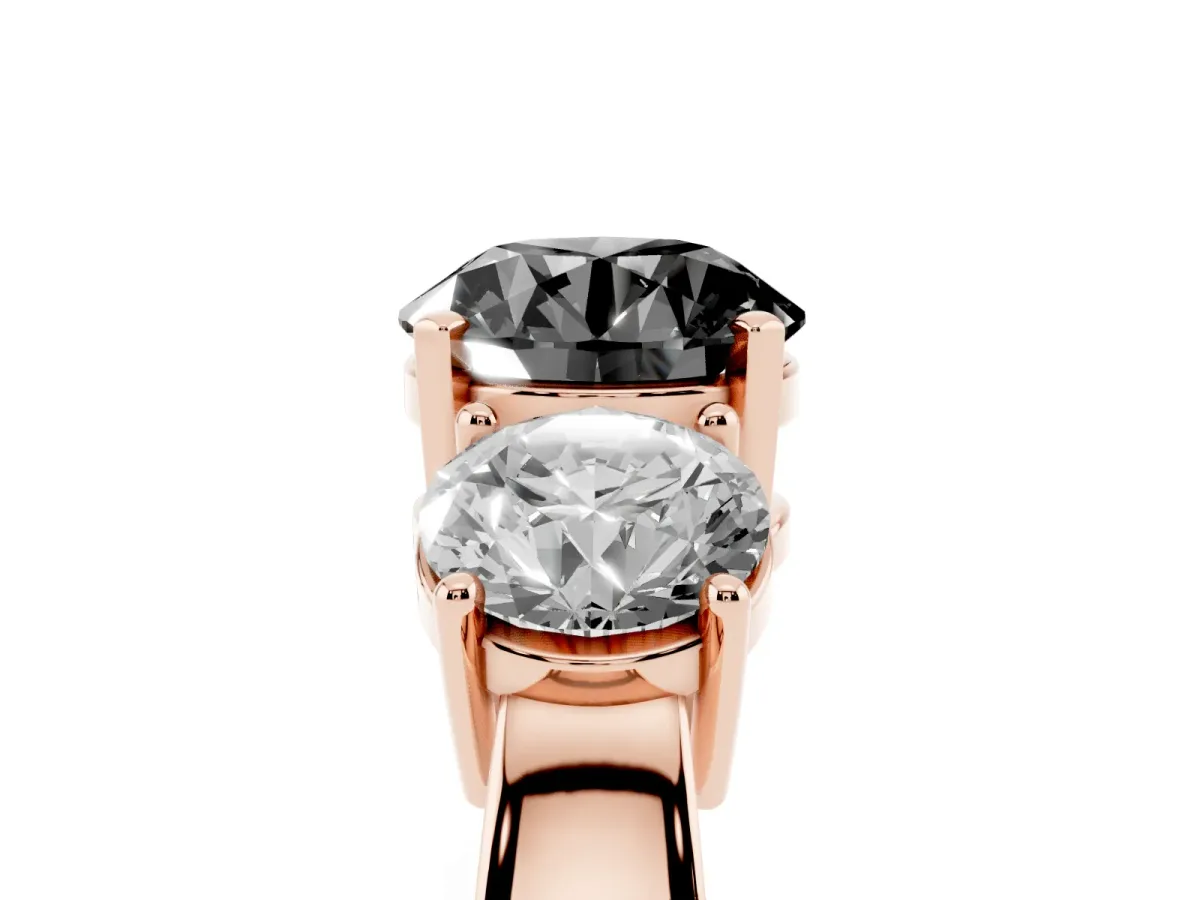Fancy Black Three-Stone Round Cut Diamond Ring with Round Side Stones, Classic Band, and Four-Prong Setting Rose gold