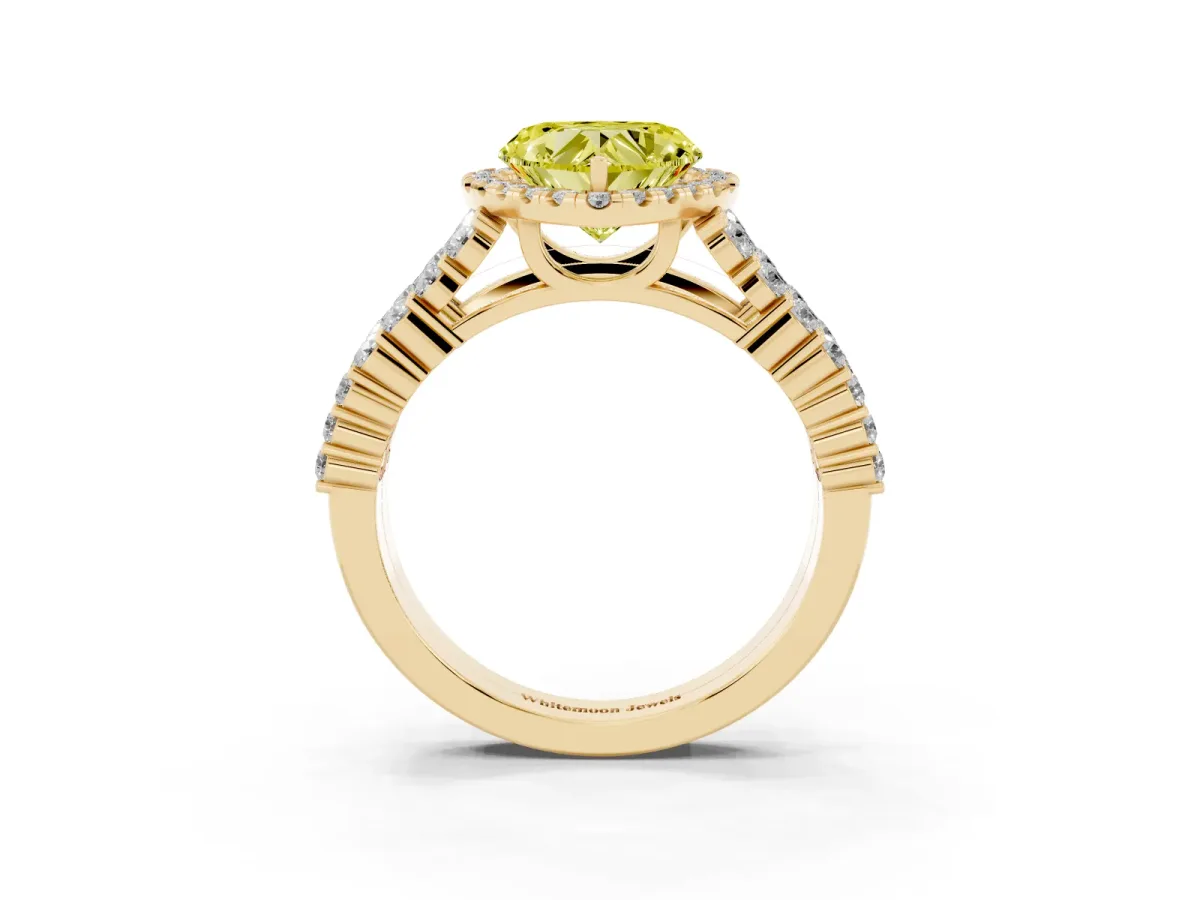 Fancy Yellow Heart Cut Diamond Halo Engagement Ring with Triple Row Round Pavé Band and Prong Setting Yellow gold