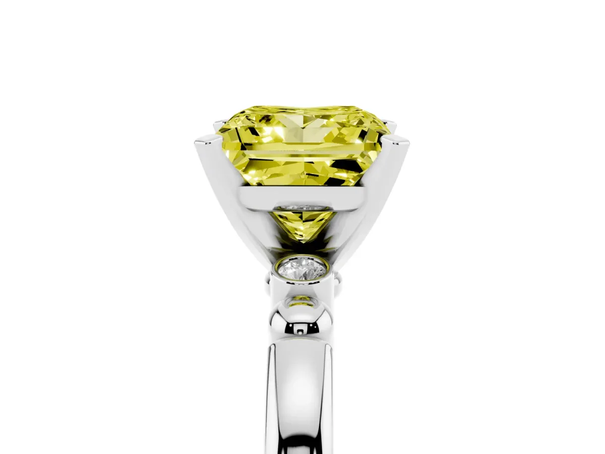 Fancy Yellow Princess Cut Solitaire Beaded Band with Four-Prong Setting Platinum