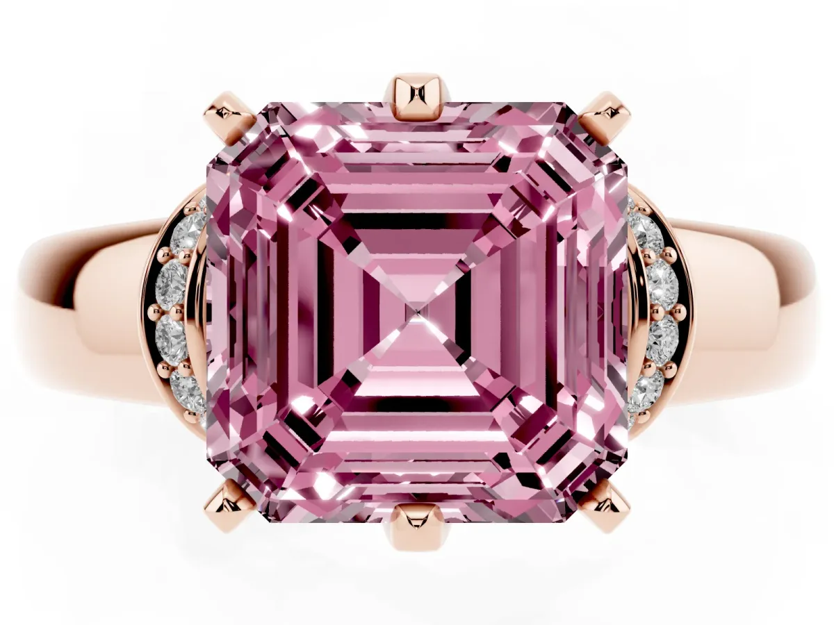 Fancy Pink Asscher Cut Solitaire Diamond Ring with Pave Band and Six-Prong Setting Rose gold