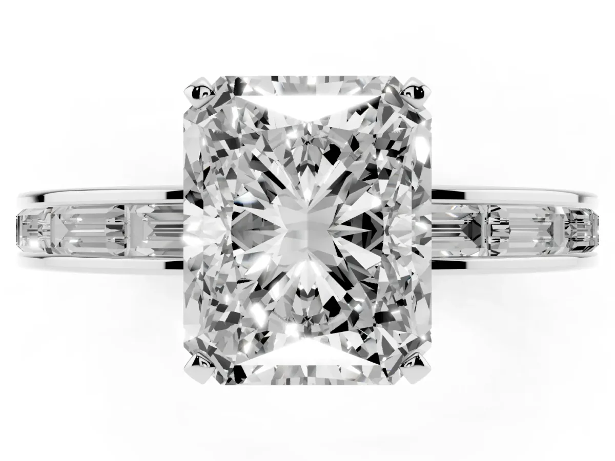 Radiant Cut Solitaire Diamond Ring with Channel-Set Baguette Band and Four-Prong Setting White gold