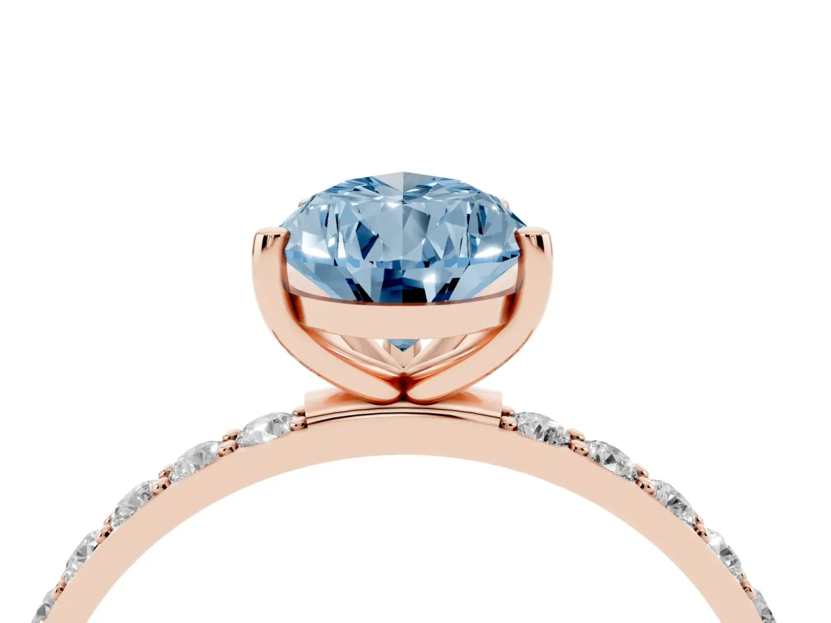 Fancy Blue Pear Cut Diamond Solitaire Ring with Round Pavé Shoulders and Prong Setting Rose gold