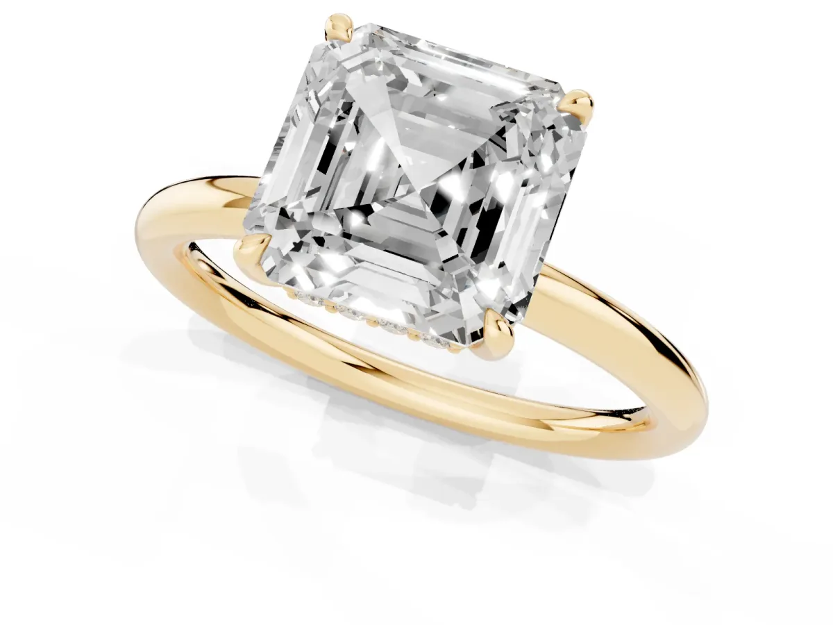 Asscher Cut Diamond Solitaire Ring with Thin Band and Four-Prong Setting Yellow gold