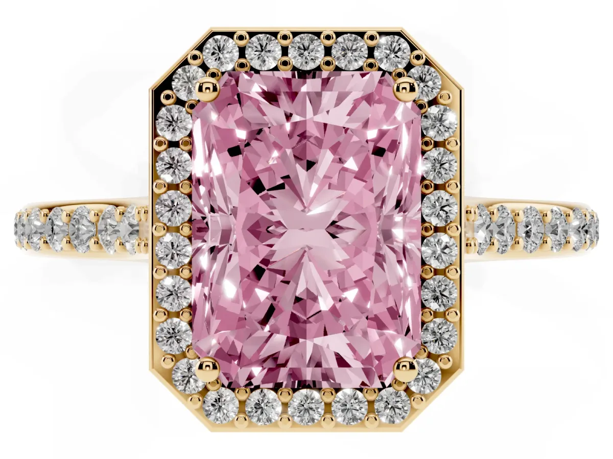 Fancy Pink Radiant Cut Diamond Halo Engagement Ring with Round Pavé Shoulders and Prong Setting Yellow gold
