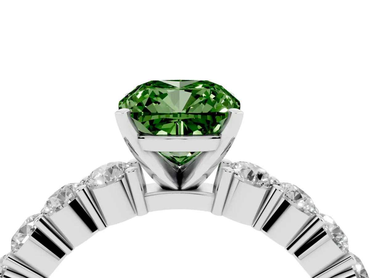 Fancy Green Cushion Cut Diamond Solitaire Ring with Shared Prong Round Side Stones Silver