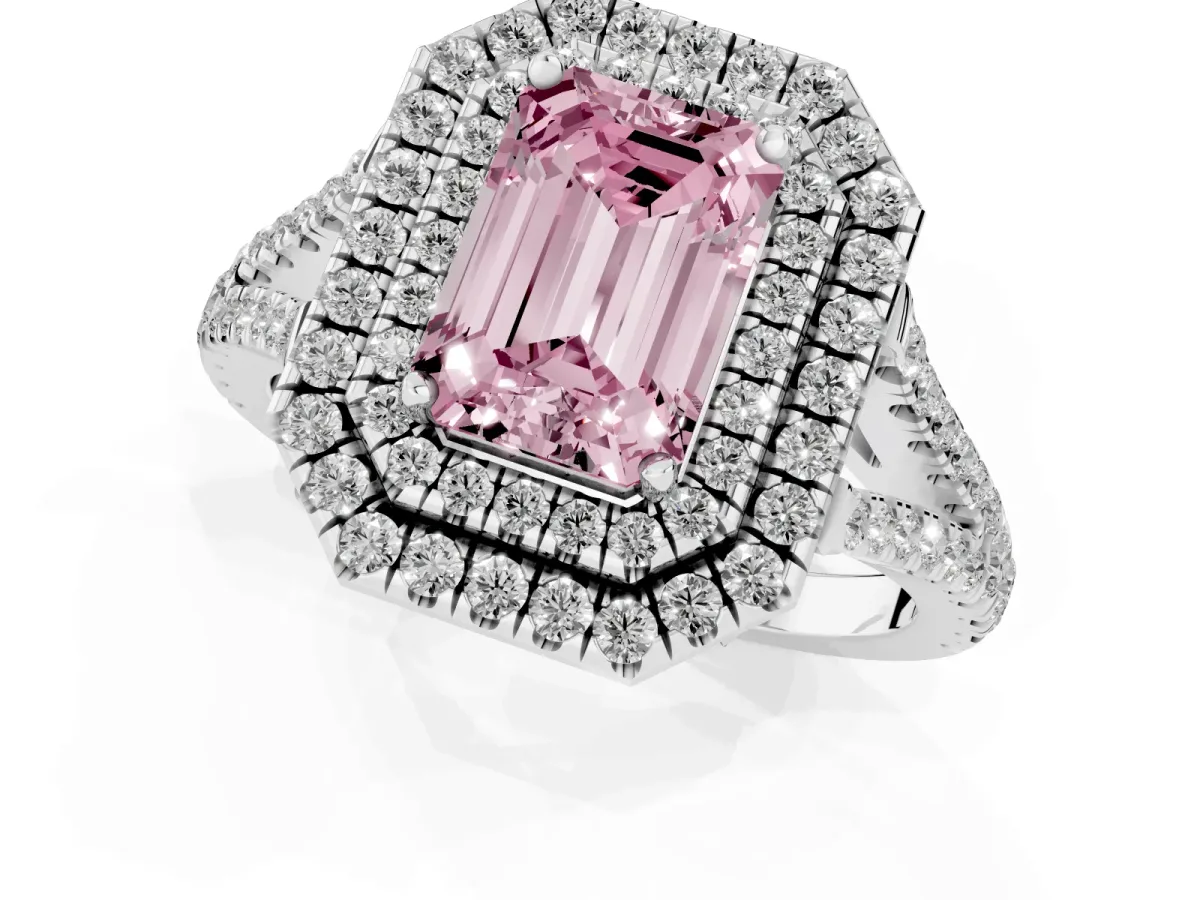 Fancy Pink Emerald Cut Diamond Double Halo Ring with Pavé Band and Prong Setting Silver