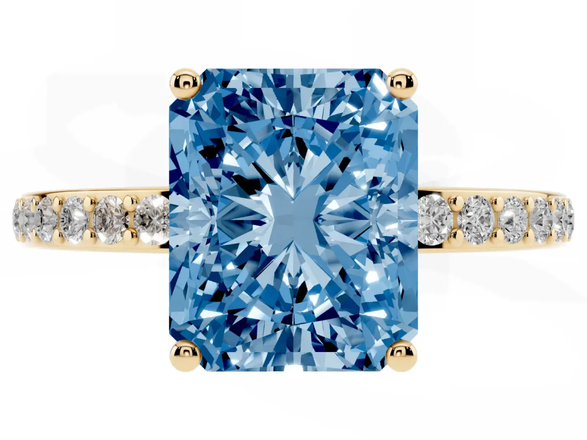 Fancy Blue Radiant Cut Cut Diamond Pavé Band Ring with Four-Prong Setting Yellow gold