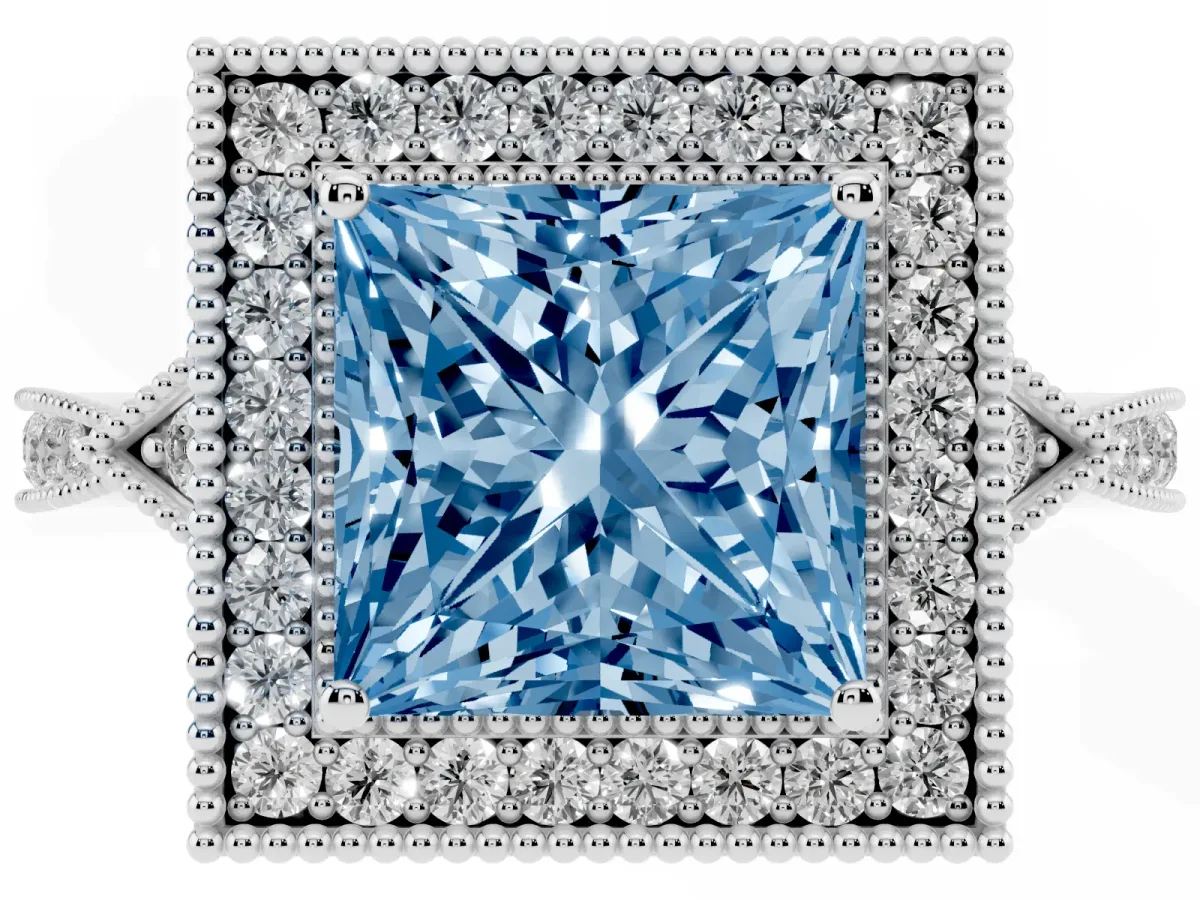 Fancy Blue Princess Cut Halo Round Diamond Milgrain Pave Engagement Ring Platinum