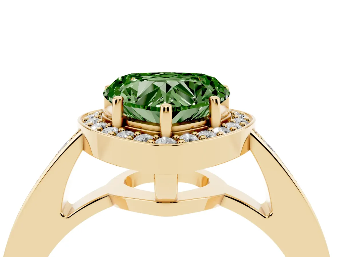 Fancy Green Heart Cut Halo Pavé Diamond Engagement Ring with Bezel Setting Yellow gold