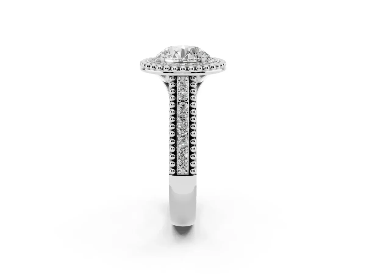 Round Cut Halo Diamond Ring with Beaded Split Shank and Four-Prong Setting Platinum