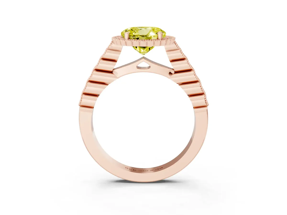 Fancy Yellow Round Cut Cut Halo Pavé Solitaire Ring with Milgrain Band Rose gold
