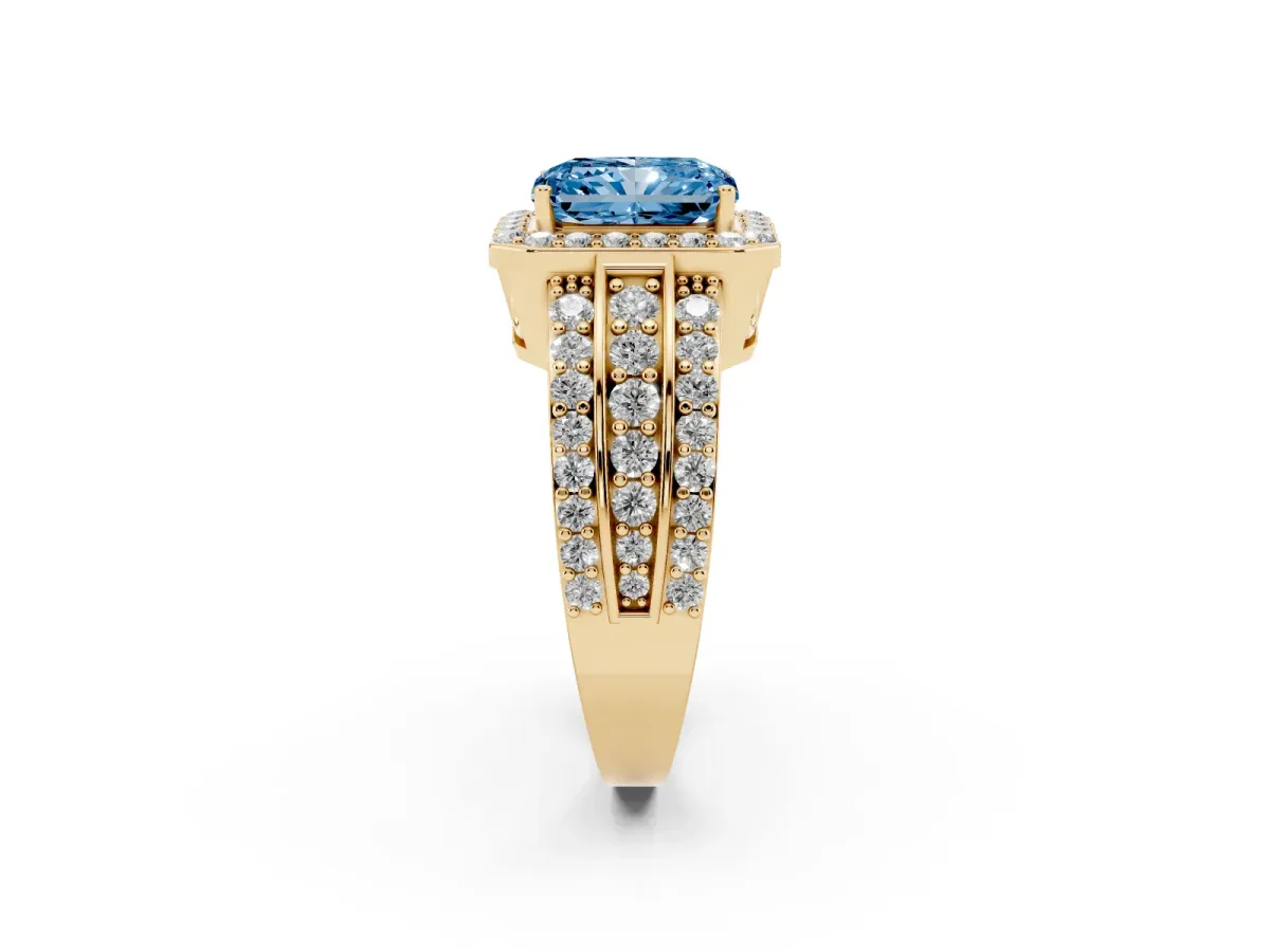 Fancy Blue Radiant Cut Halo Diamond Ring with Round Split Shank and Prong Setting Yellow gold