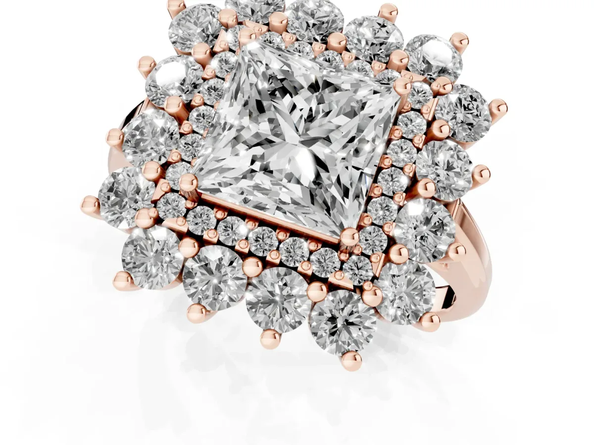 Princess Cut Diamond Floral Double Halo Engagement Ring with Prong Setting Rose gold