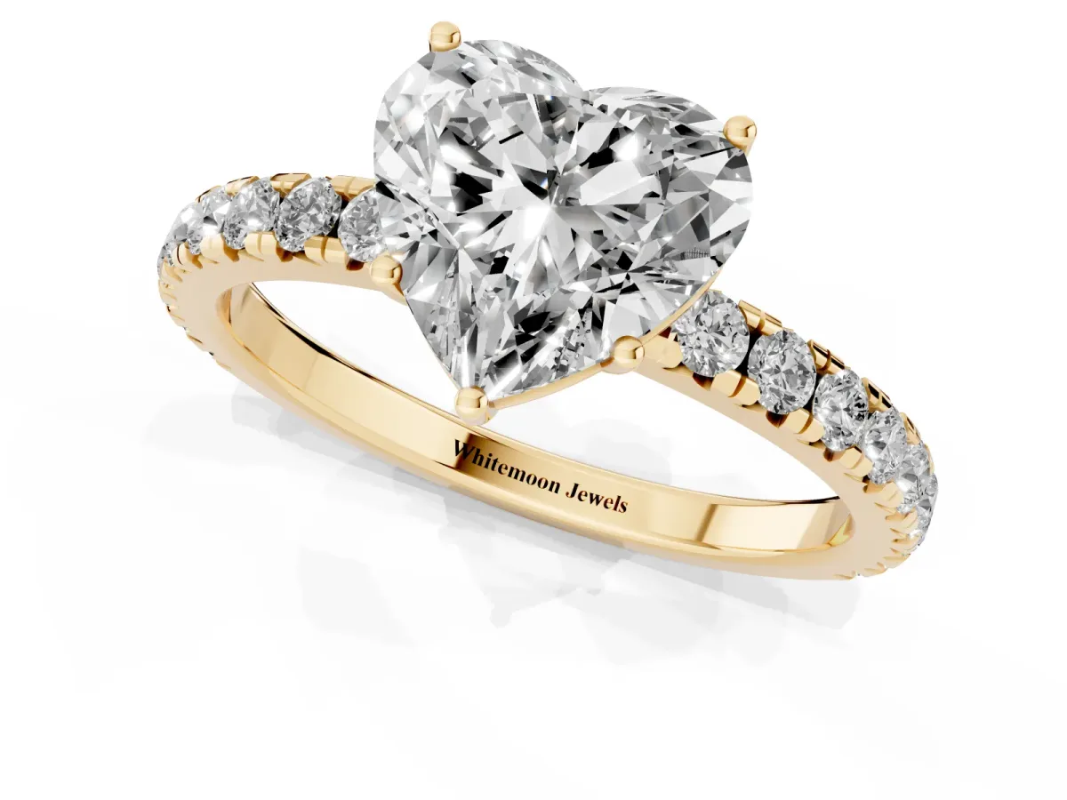 Heart Cut Diamond Pavé Solitaire Engagement Ring with Four-Prong Setting Yellow gold