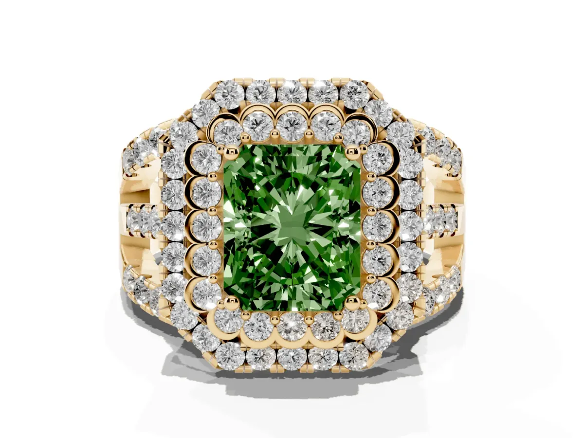 Fancy Green Radiant Cut Diamond Double Halo Ring with Round Pavé Split Shank and Prong Setting Yellow gold