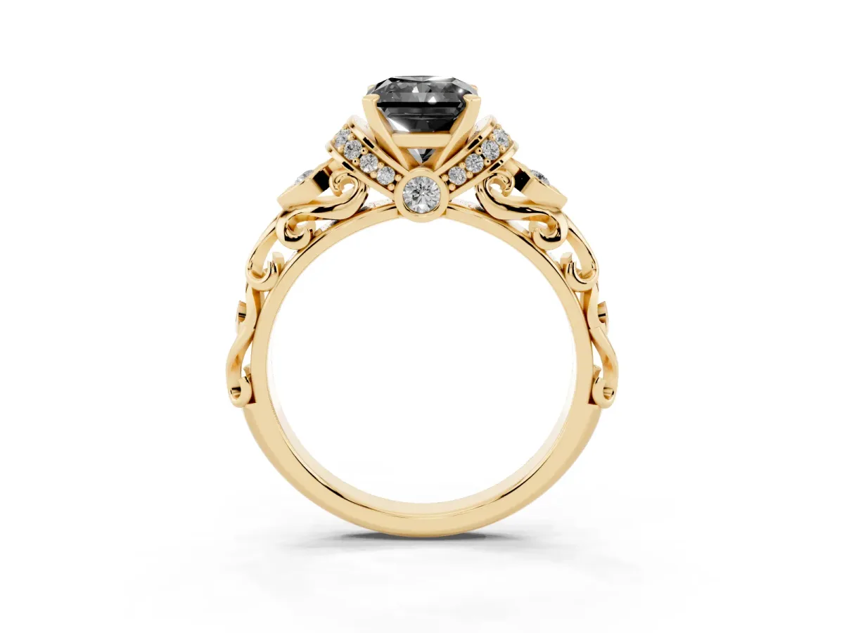 Fancy Black Radiant Cut Diamond Solitaire Ring with Filigree Band and Four-Prong Setting Yellow gold