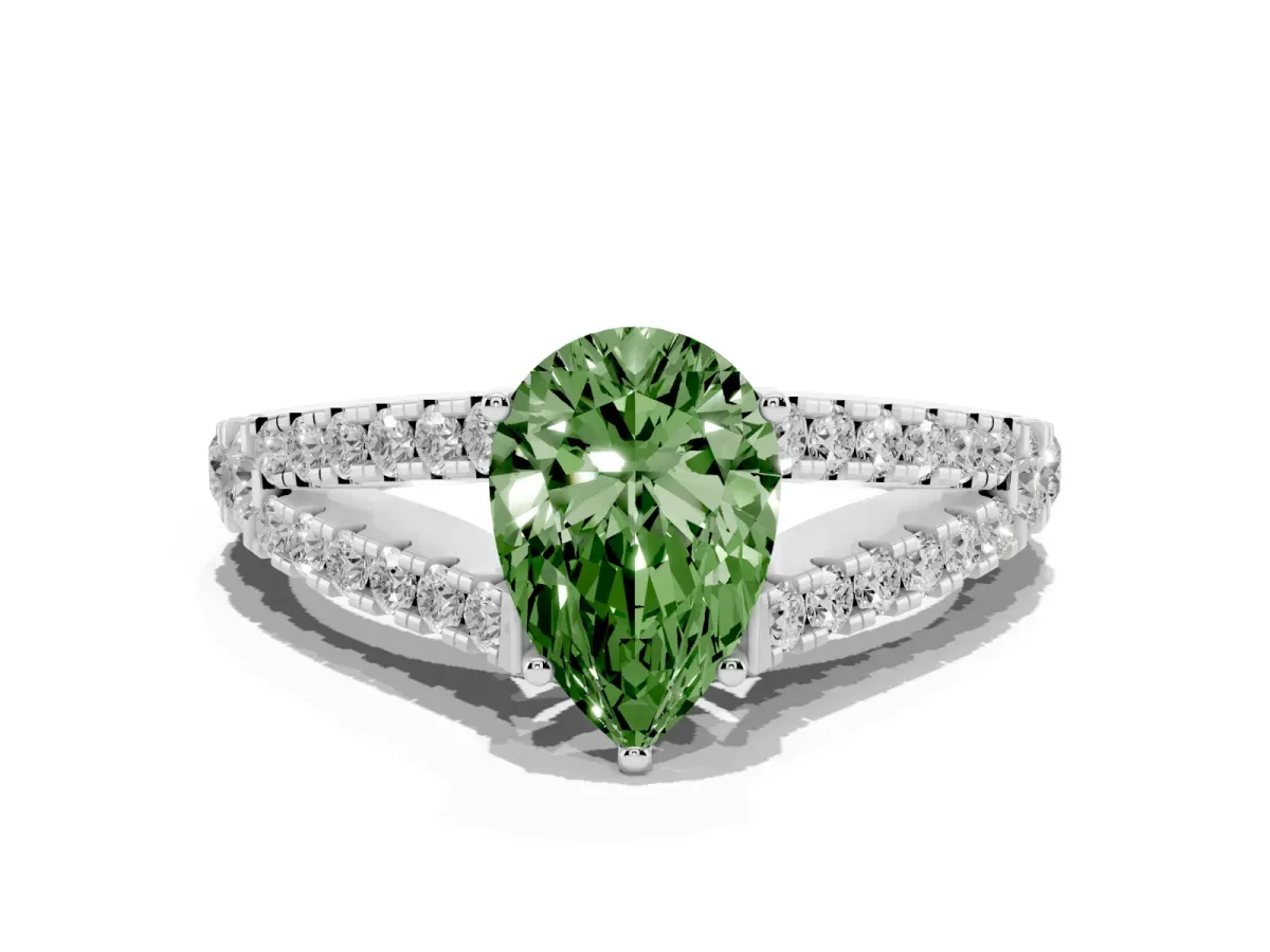 Fancy Green Pear Cut Diamond Split Shank Engagement Ring with Round Pavé and Prong Setting Platinum