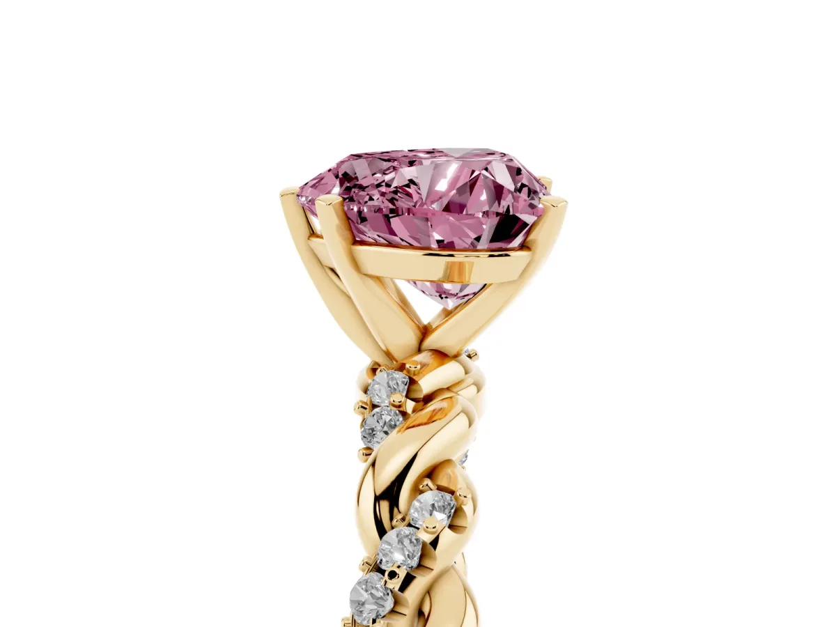 Fancy Pink Heart Cut Diamond Solitaire Ring with Twisted Band and Pavé Accents Yellow gold