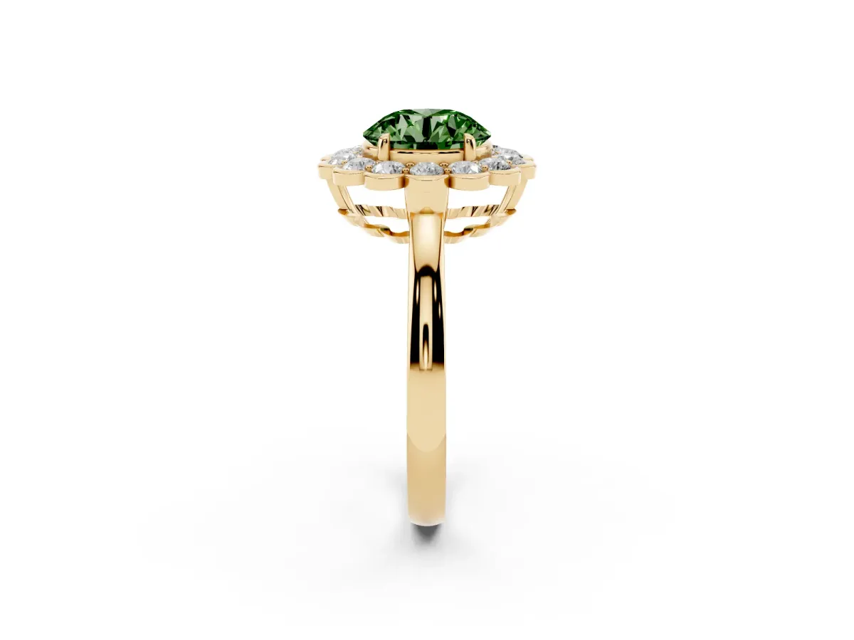 Fancy Green Round Cut Halo Cluster Diamond Engagement Ring with Solitaire Band and Prong Setting Yellow gold