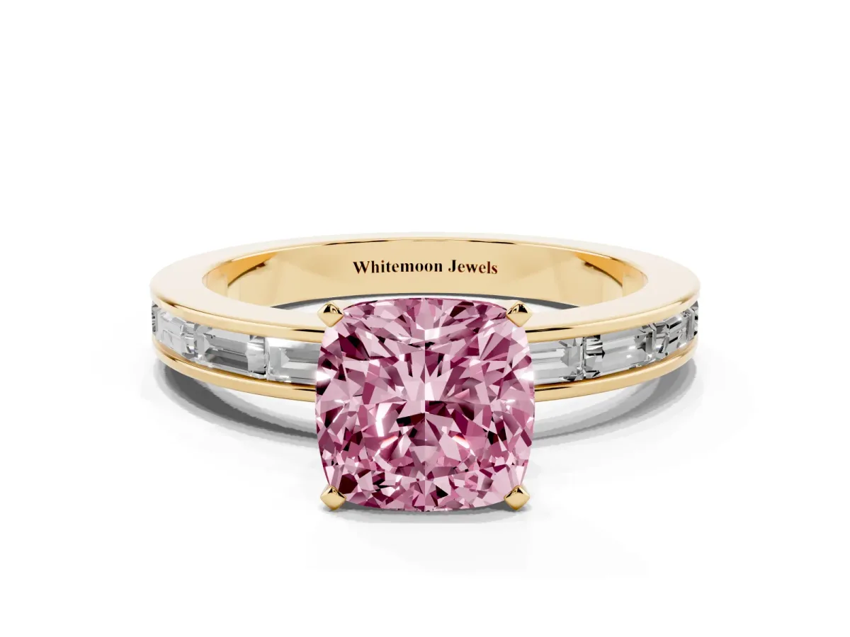 Fancy Pink Cushion Cut Solitaire Diamond Ring with Channel-Set Baguette Band and Four-Prong Setting Yellow gold