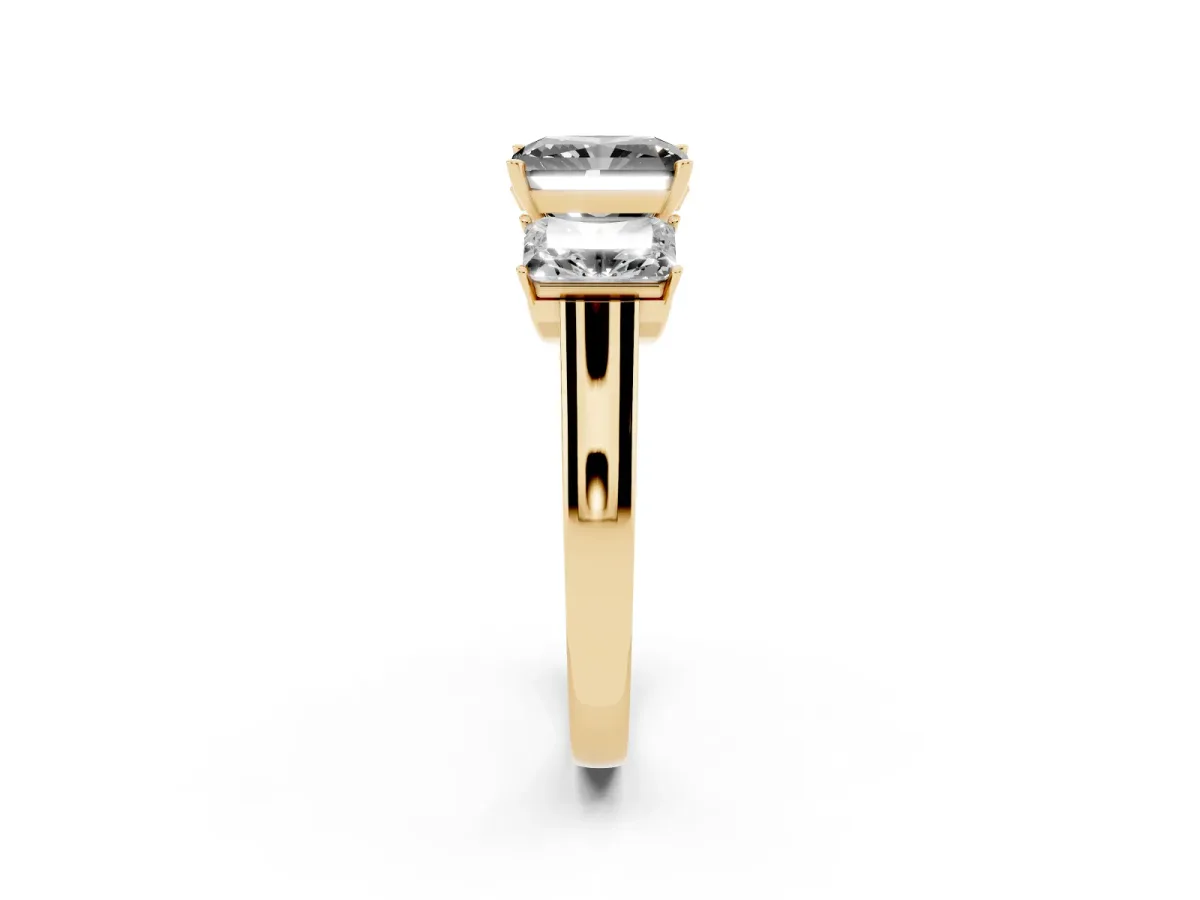 Fancy Black Three-Stone Radiant Cut Brilliant Diamond Trellis Ring with Comfort Fit Band Yellow gold