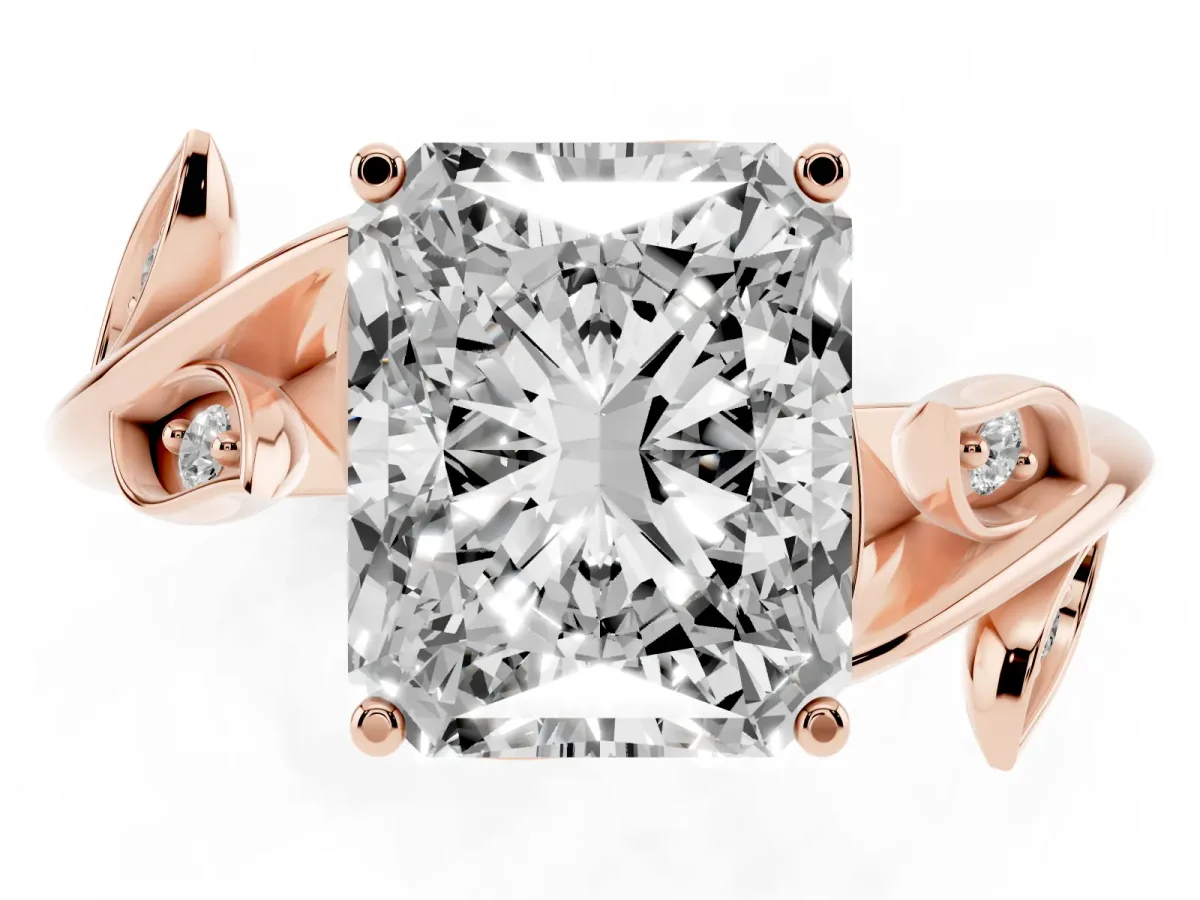 Radiant Cut Solitaire Twist Engagement Ring with Leaf Accents and Prong Setting Rose gold